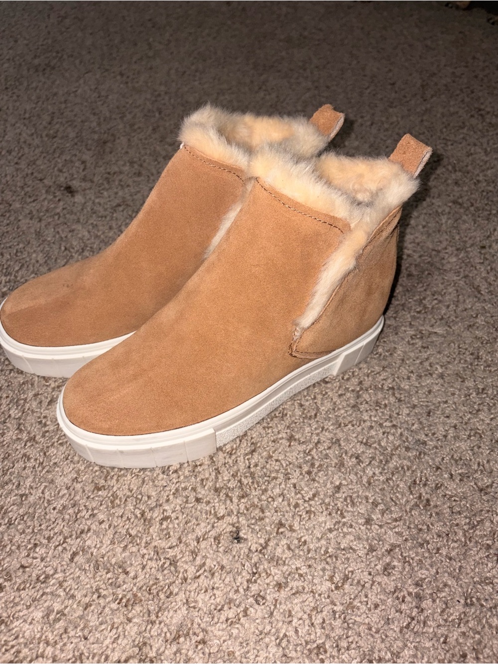 Dolce Vita Tan Suede Fur-Trim Slip-On Wedge Sneakers